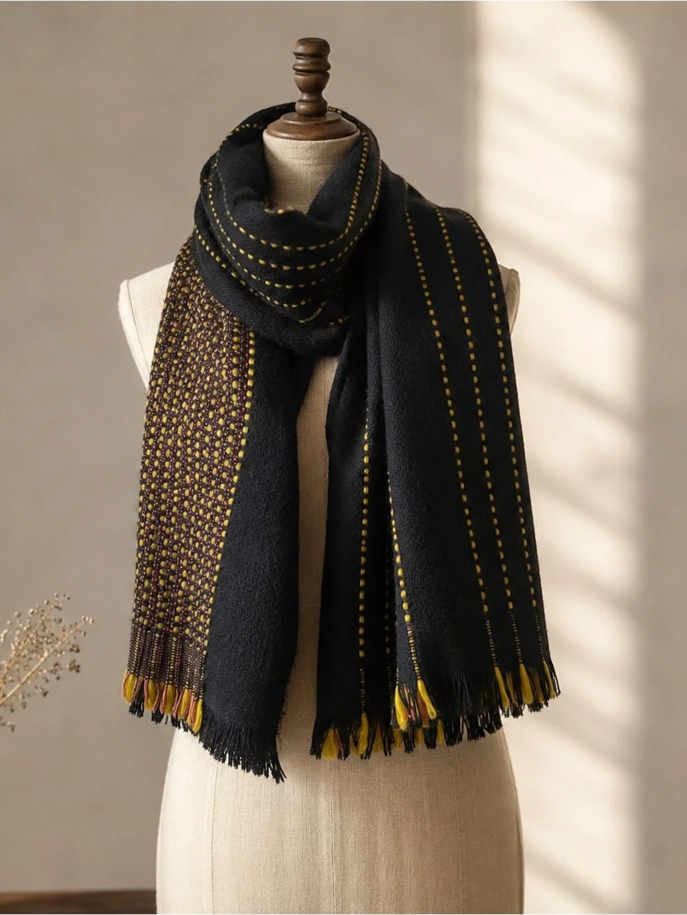 Marine Layer Oversized Blanket Scarf Black Chartreuse Woven Fringe Wrap  28x80